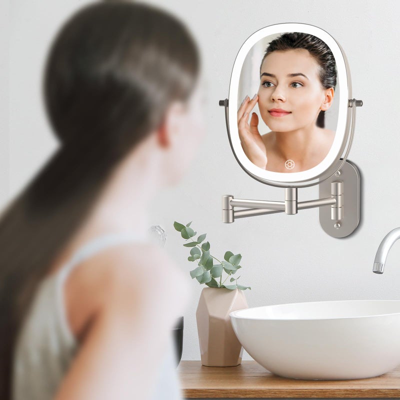 FUNTOUCH Rechargeable Wall Mounted Lighted Makeup Mirror Oval DoubleSided Mirror 1X10X Magnifying Wall Mounted3 Color Lights Touch Screen Dimmable 360Swivel 13 Inch Extendable